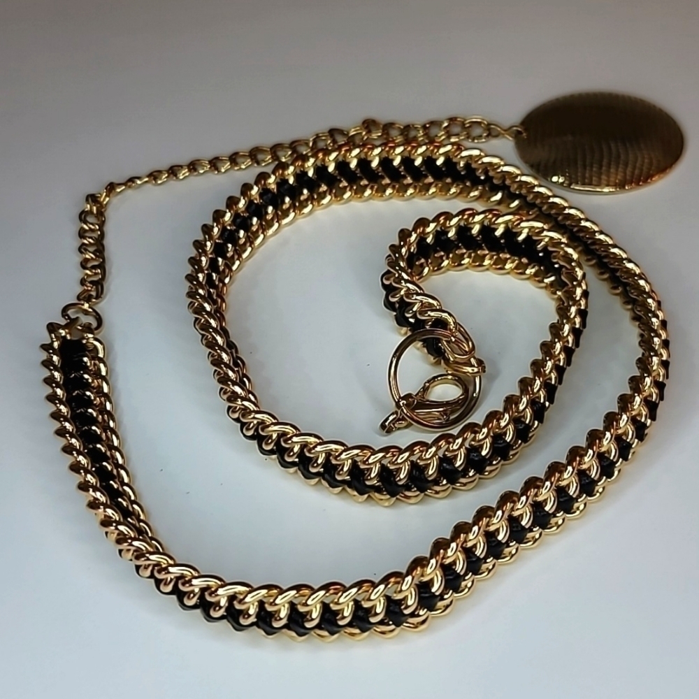 VINTAGE Gold Chain Black Leather Weave Belt with Medallion Links